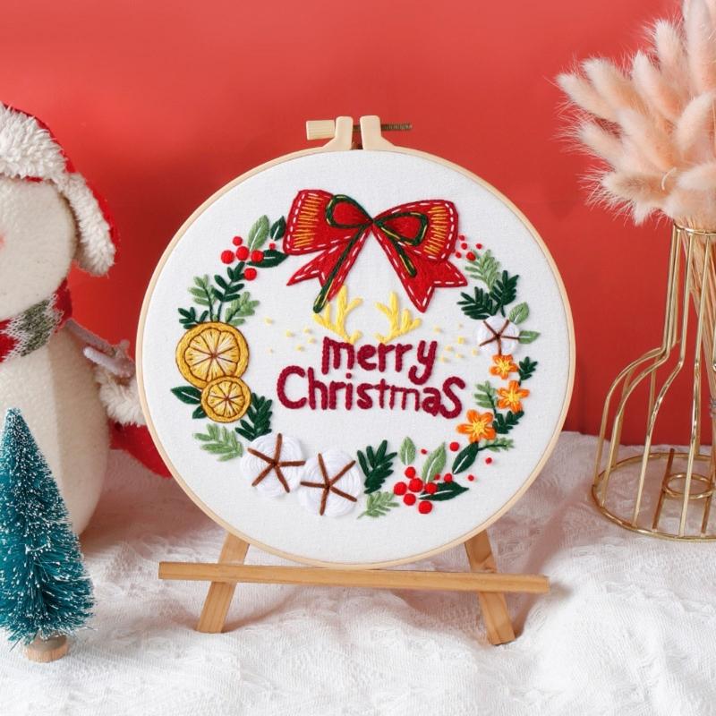 Christmas Pattern CrossStitch Kits Embroidery Starter DIY Kits with Embroidery Clothes Hoop Thread Needle for Beginner