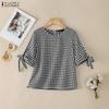 Women Casual Round Neck Plaid Print Loose Short Sleeve Blouse
