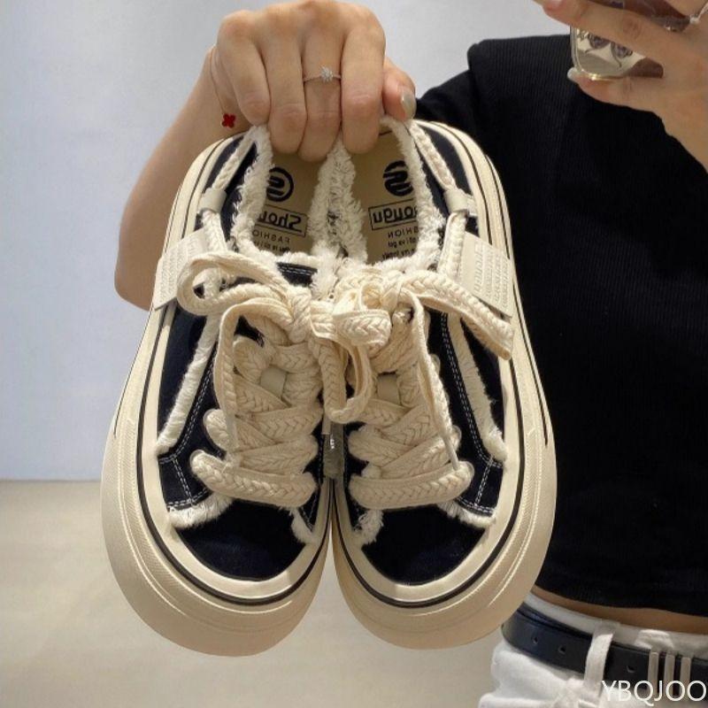 

Женские повседневные кроссовки низкие с круглым носком, кеды на толстой подошве, холщовые туфли с необработанными краями, модные женские вулканизированные туфли на шнуровке 40 чёрный