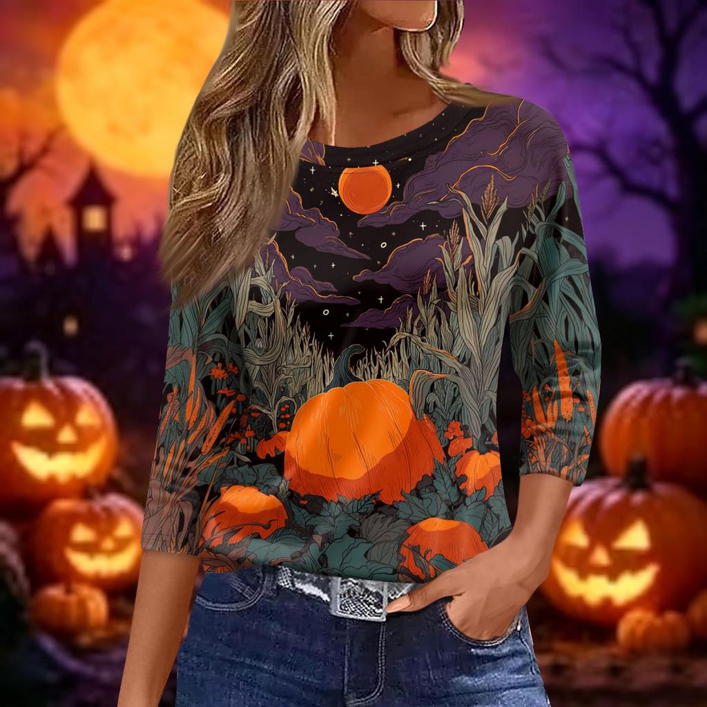Women 3/4 Sleeve Loose Fit Casual Halloween Print T Shirt Round Neck Pullover Top for Autumn and Spring