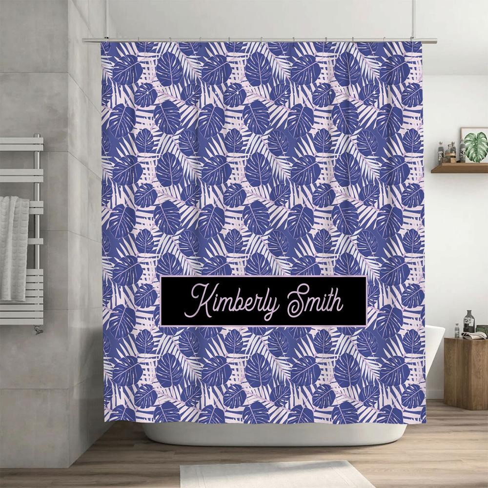 Beautiful Blue Tropical Leaf Shower Curtain with Personalized Name for Bath Decor Quick Ship