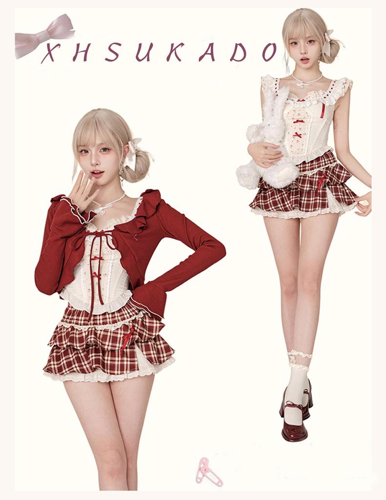 XHSUKADO Christmas and Mini Skirt with Lace Long and Ruffles for a French Tiered Red and Size Women's 3-Piece Set Cardigan, Vest, Ribbons. Sleeves,