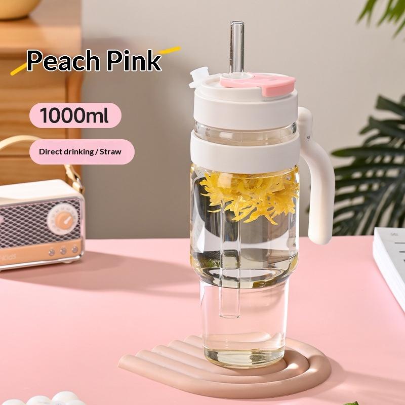 1000ml Cross Border Popular Large Capacity Flower Tea Cup, Straw Glass Cup, High Borosilicate Car Ice Cream Cup lijiao