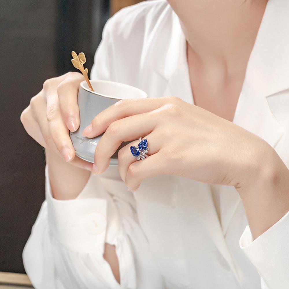 Open Ring Tanzanite Blue Pear Drop with Double Diamonds Simulated Sapphire Womens Fashion Jewelry