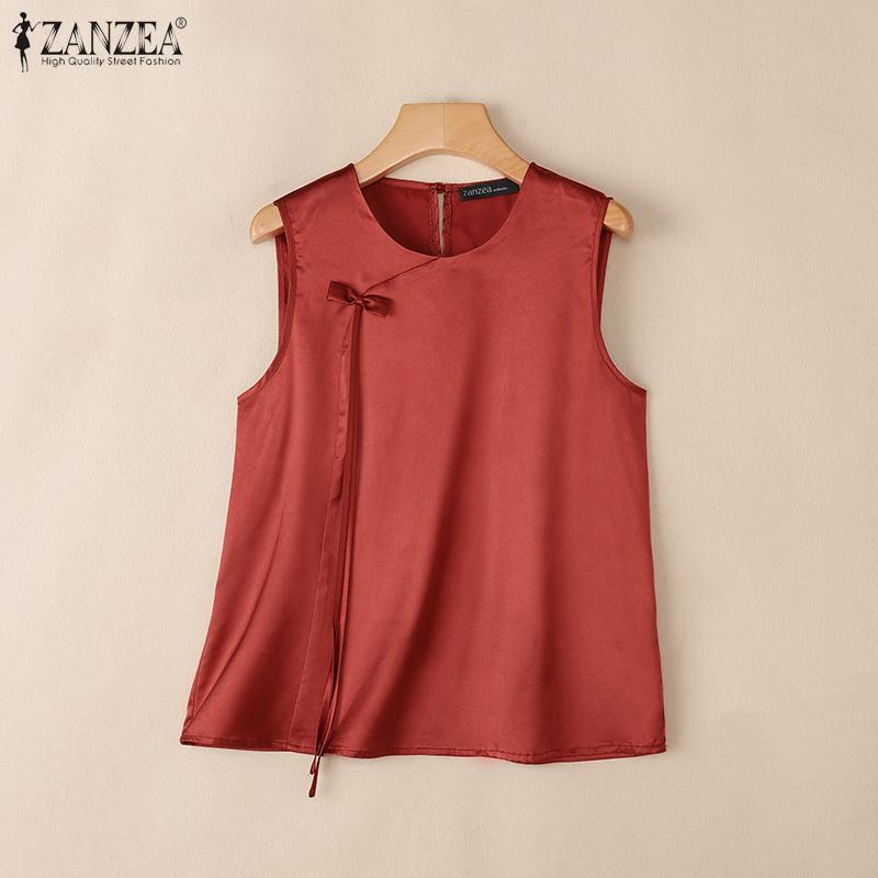 

ZANZEA Винтажные женские топы без рукавов с этническим бантом из гладкого атласа S