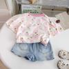 Girls Summer Fashion Denim Shorts 2 Piece Set Short Sleeve Top Kids Stylish Casual Outfit