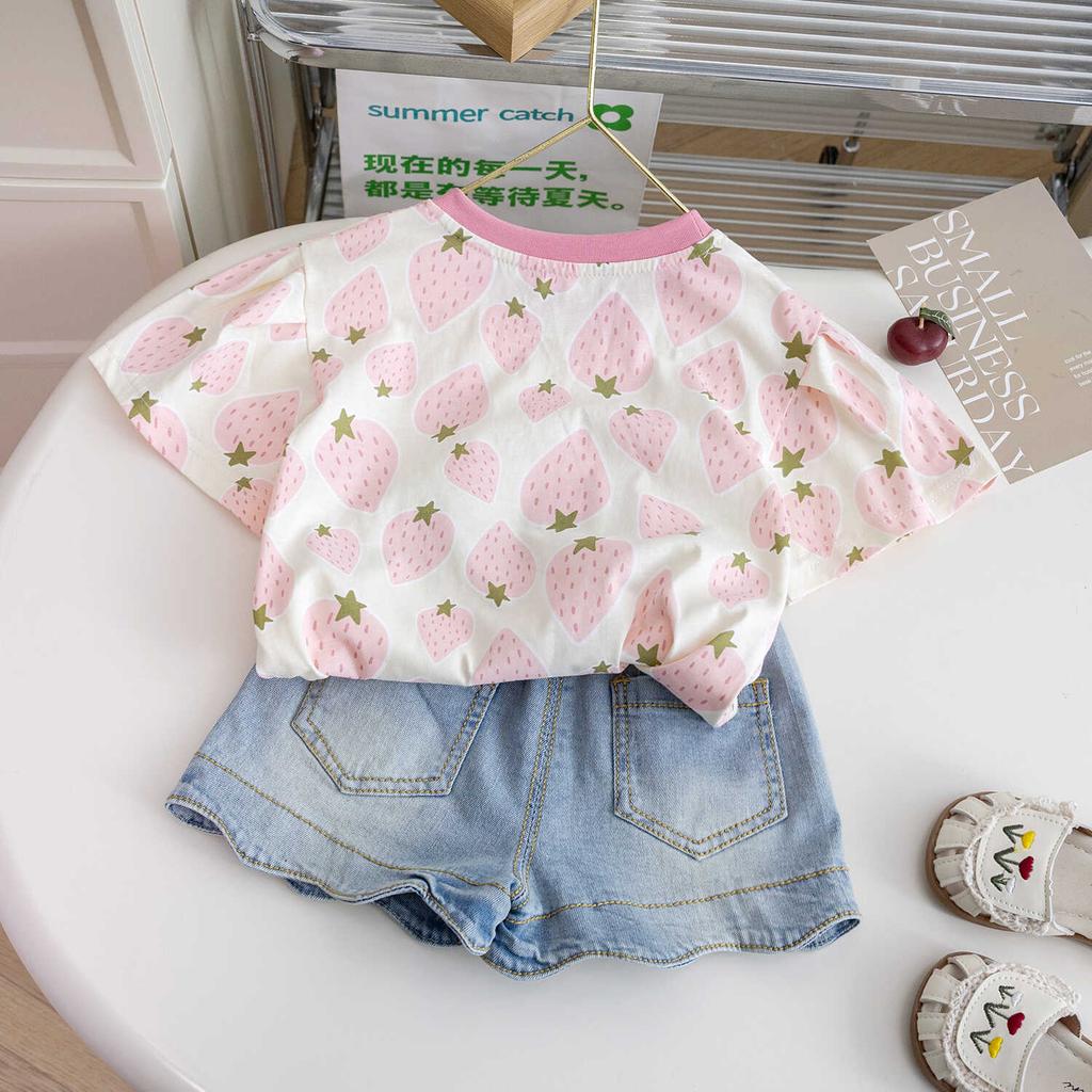 Girls Summer Fashion Denim Shorts 2 Piece Set Short Sleeve Top Kids Stylish Casual Outfit