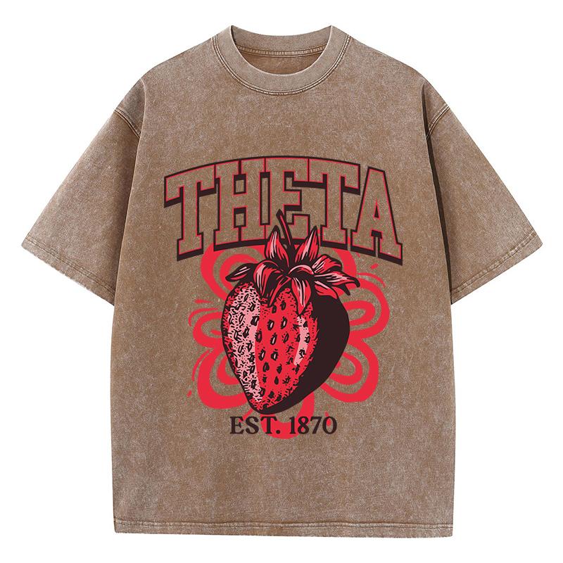 Fashion Women Washed T-Shirts Theta Strawberry Printed Tee Shirts Cotton Distressed Oversize Crewneck Tees Street Clothes