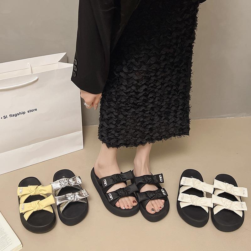 Bow-tie platform slippers women's summer outer wear new height-increasing one-word drag women's versatile beach shoes