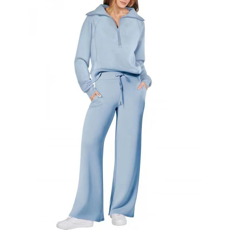 Autumn Fashion Casual Sports Set: Zippered Long-Sleeve Women's Sweatshirt and Wide-Leg Pants Two-Piece Set