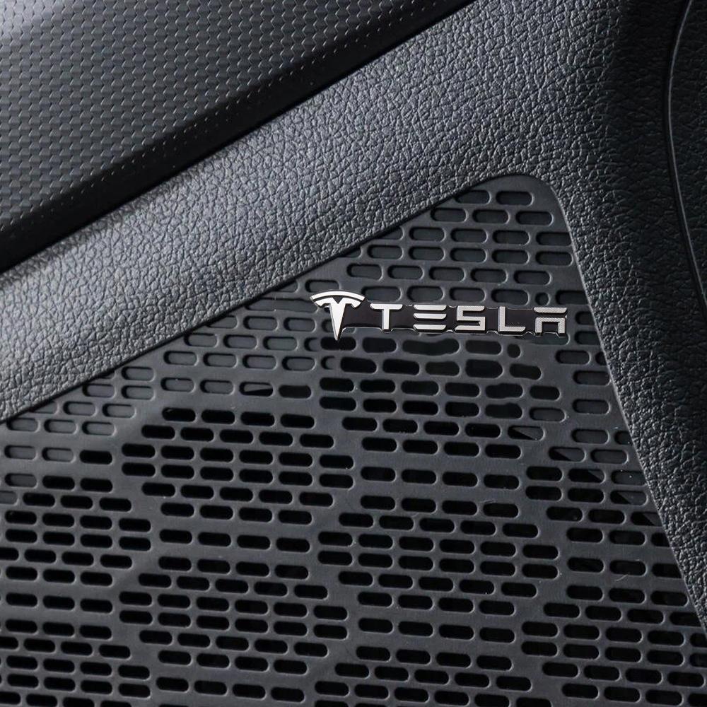2/4 Stück 3D-Aluminium-Logo Auto Sound Audio Abzeichen Aufkleber Lautsprecher Aufkleber Für Tesla Model 3 Y S X 2017-2023 Roadster SpaceX Spulenmod