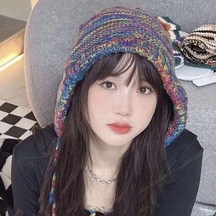 Autumn and Winter Colorful Woolen Hats for Women Korean Style Face Showing Small Knitted Hats with Straps To Keep Them Warm and Ear Protecting.