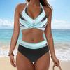 Ladies' Detachable Chest Cushion High Waist Hanging Neck, Printed Color Blocked Split Swimsuit High Waisted Bikini Two-Piece Set