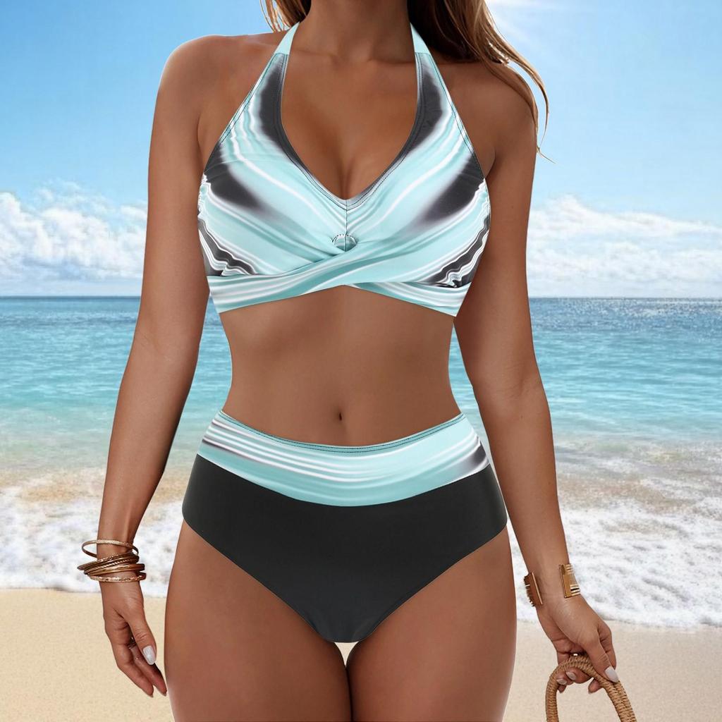 Ladies' Detachable Chest Cushion High Waist Hanging Neck, Printed Color Blocked Split Swimsuit High Waisted Bikini Two-Piece Set