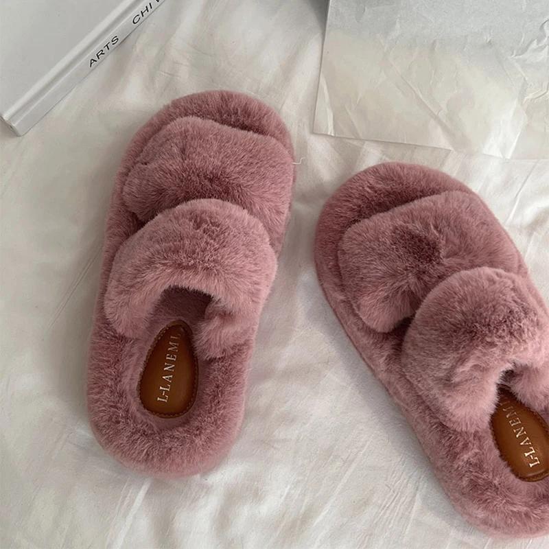 Fluffy 7CM Women Platform Flats Slippers Shoes Comfort Open Toe Slides 2025 New Spring Autumn Female Home Shoes