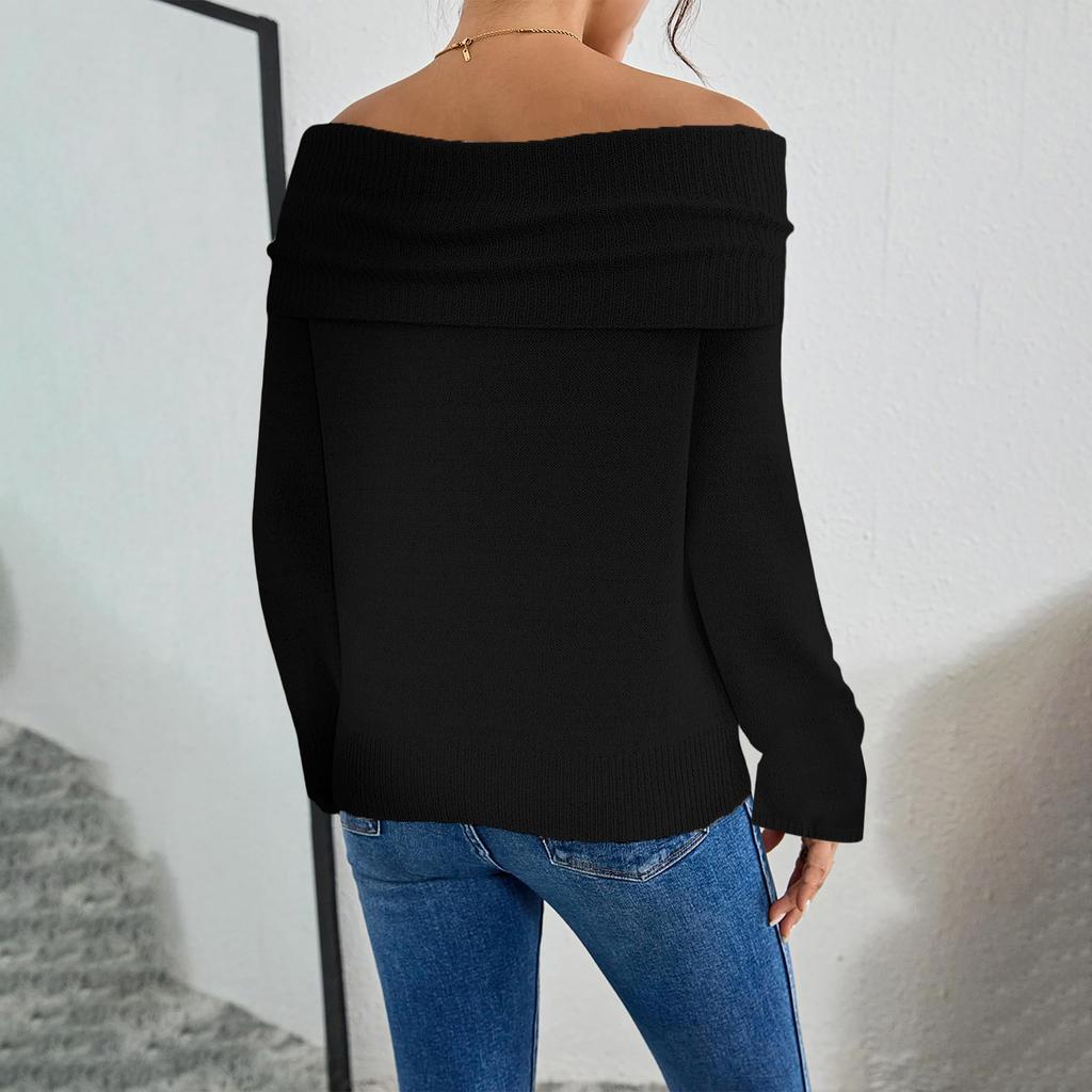 Women -color One-shoulder Slim And Fashionable Long-sleeved Knitted Sweater Top