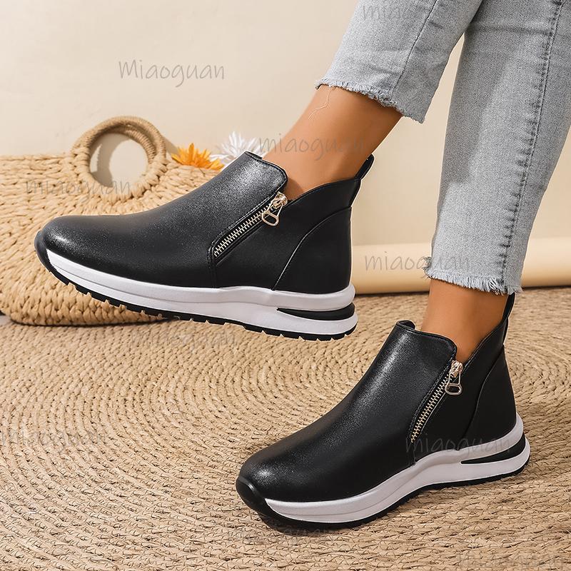 Fashion Black PU Leather Platform Sneakers for Women Fashion Double Zipper High Top Sports Shoes Woman Thick Sole Non Slip Short Boots