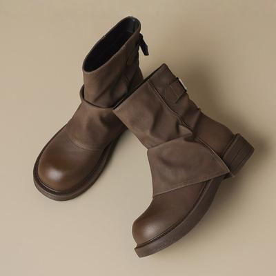 Korean Mid-tube Boots Women's Pants Tube Boots 2025 Winter Thick Heel Round Head Stacking Boots Flat-bottomed Pleated Boots Knight Boots