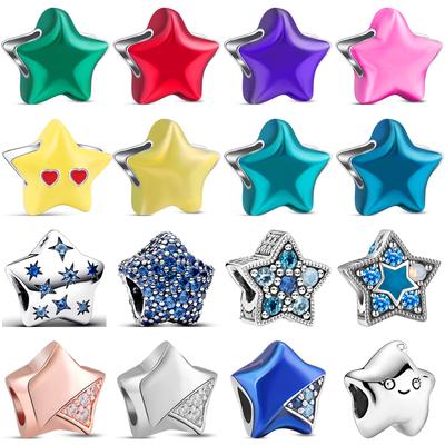925 Sterling Copper Blue Pavé Five-pointed Star Colorful Pentagram Series Charm Beads Fit Original Pantaro Bracelet Fine Zircon