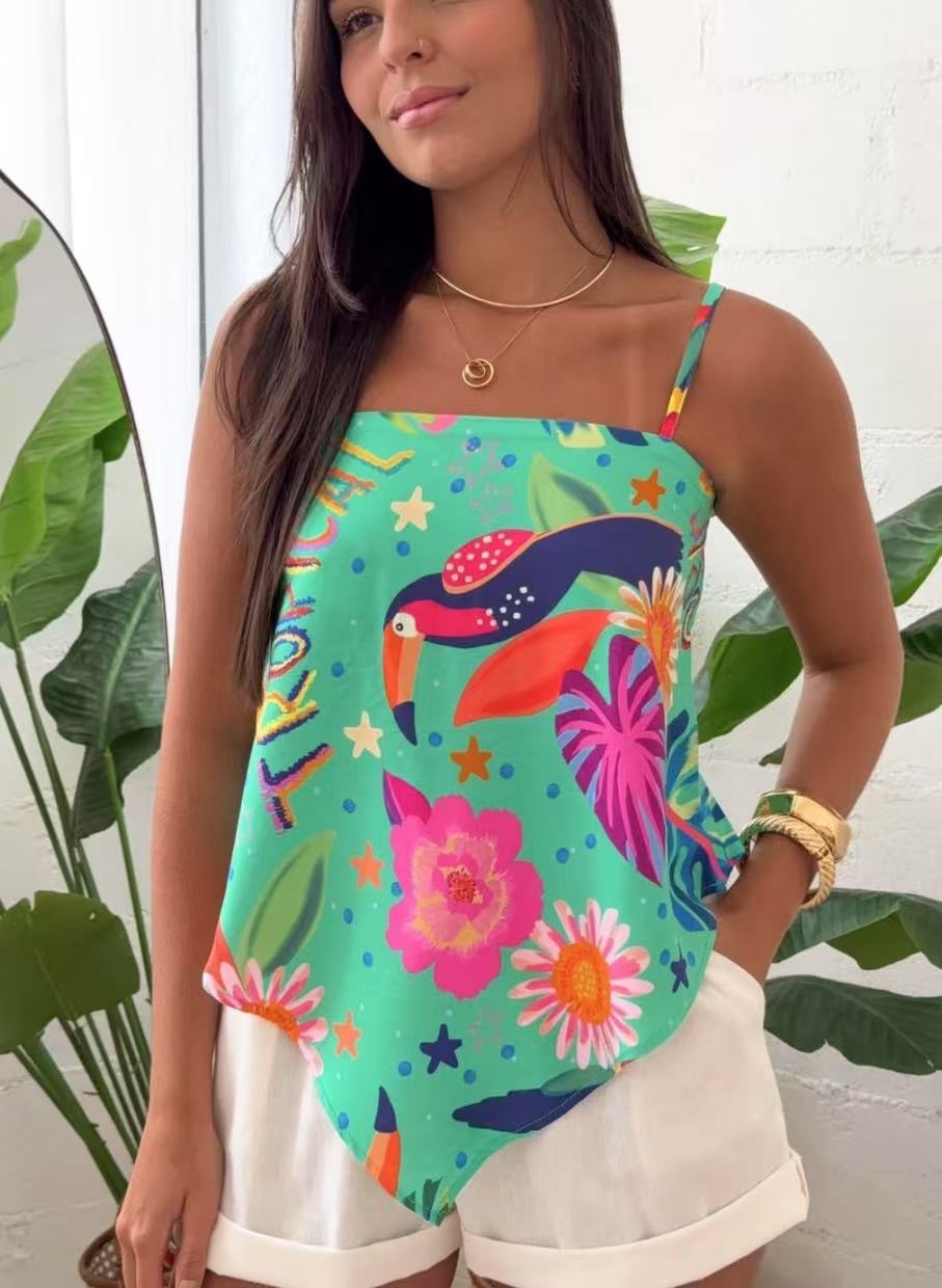 2026 European and American women s clothing summer new fashionable and sexy printed suspender white top S