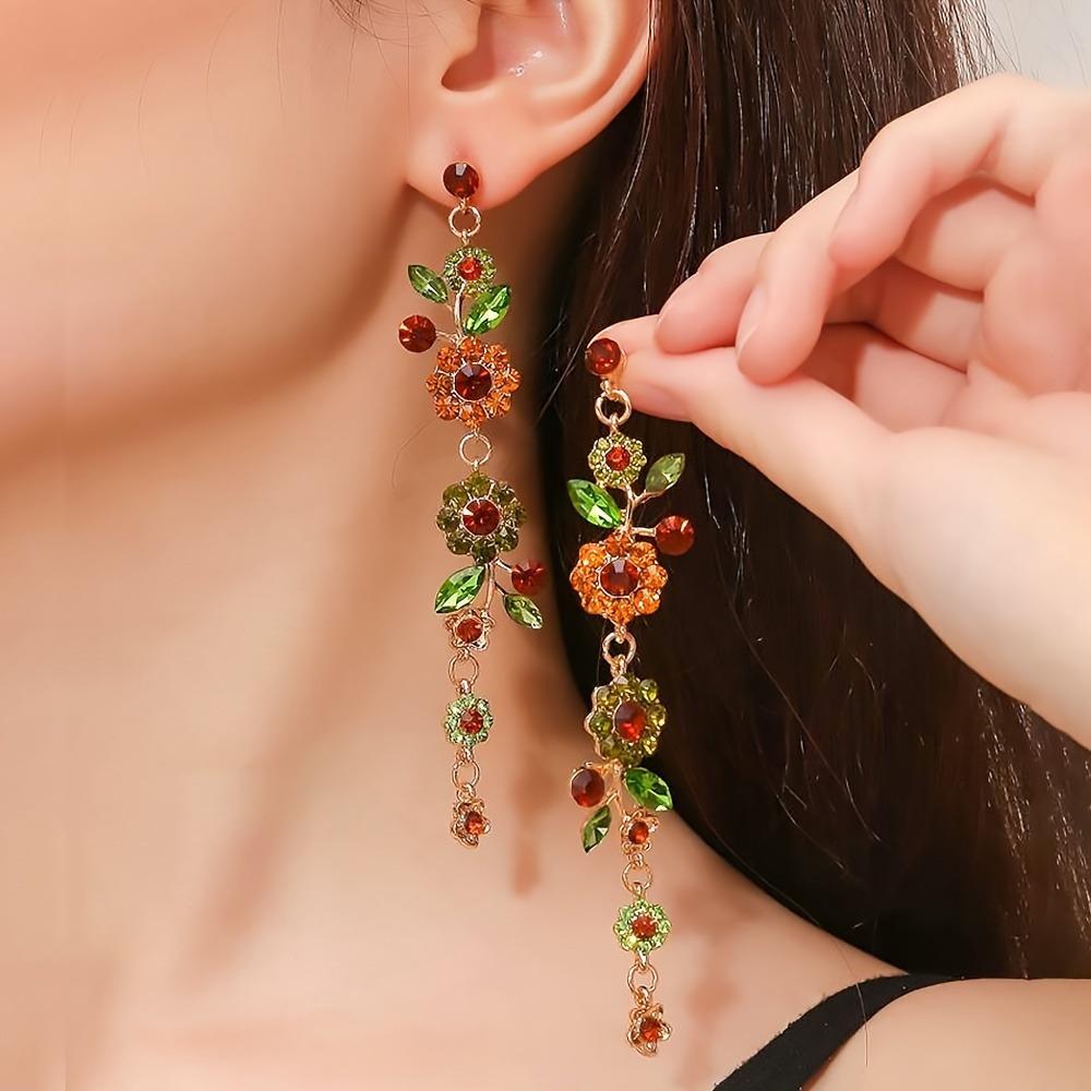 Exquisite flower design, fully artificial crystal inlay, long pendant earrings, elegant rural style, exquisite female gift