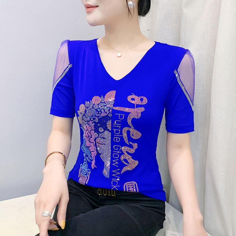 

Летняя Новинка Европейская Женская Одежда Буквенная Сетка Футболка Модная Сексуальная V-образный вырез Блестящие Бриллианты Женские Топы Футболки с Коротким Рукавом Блузы 3XL синий