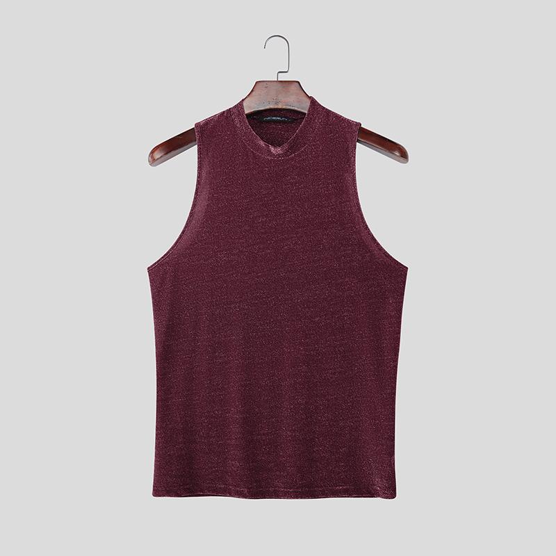 INCERUN Summer Men Mockneck Sleeveless Shiny Casual Tank Tops Vest