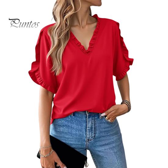 Damen T-Shirt V-Ausschnitt Rüschenbesatz Patchwork Blütenblattärmel Einfarbig Oberteile Lockerer Schnitt T-Shirt Lässig Büro Reisehemd