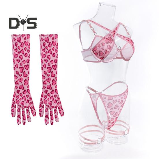 1 Set Damen-Unterwäscheset inklusive Handschuhen und Oberschenkelringen, Kettendekor, Herzdruck, G-String, ausgehöhlt, verstellbarer Kreuzgurt, Schlafzimmer, Hochzeitsnacht