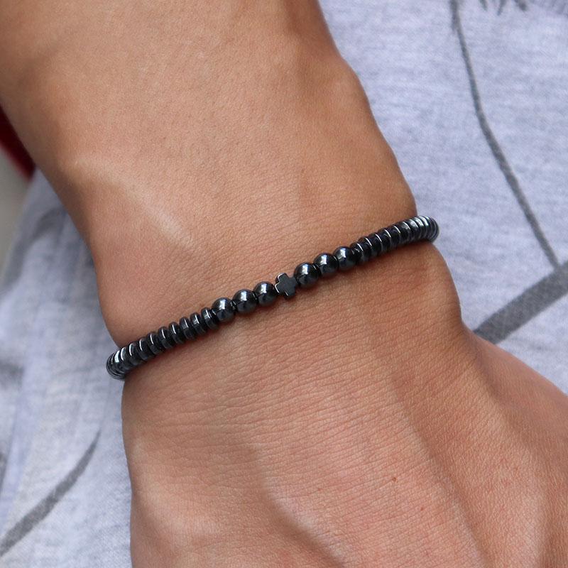 4mm Handmade Natural Stone Beads Bracelet Charm Hematite Cross Braclet For Men Wristband Cruz Jewelry Homme Bileklik