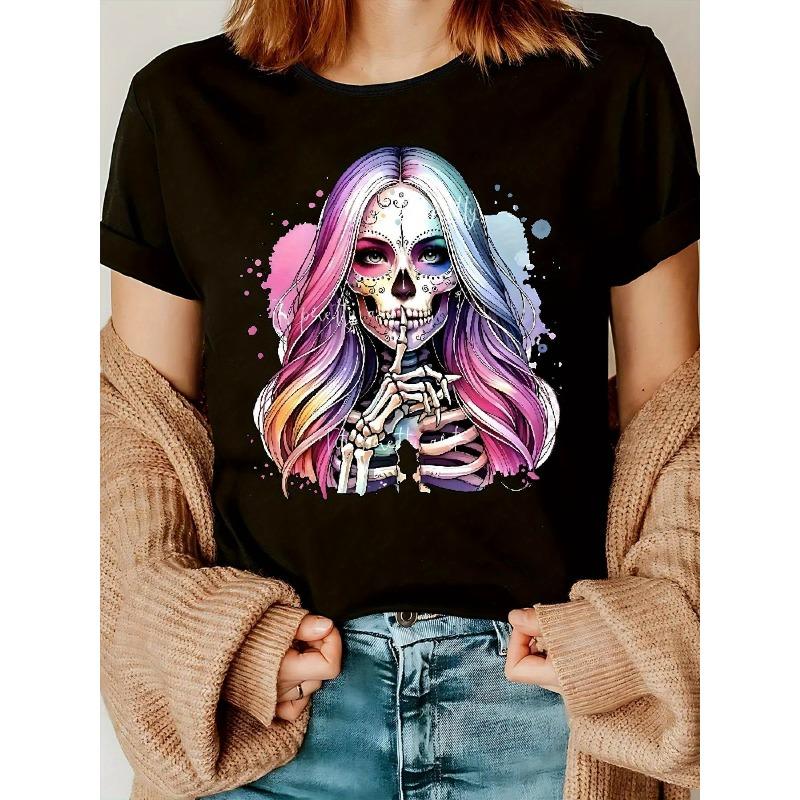 Women's Gothic Skull & Floral Print Crew Neck T-Shirt - White with Pink & Blue 2D Flat Graphic, Loose Fit Casual Round Neck Top f