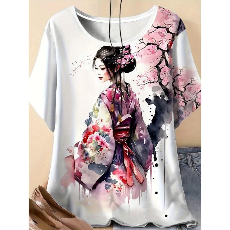 Casual Short Sleeve Round Neck T-Shirt Top Summer Vintage Flowers T Shirt Women Tie Dye 3D Print Loose Fashion Casual V-Neck