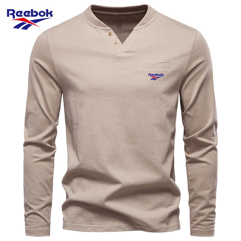 Reebok 2026 Autumn New Men's Embroidery Casual European Size V-neck Long Sleeved T-shirt Slim Fit Base Shirt Pure Cotton T-shirt Top for Men