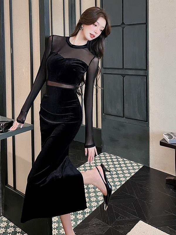 Autumn Mesh Stitched Slimming Long-Sleeve Waist-Cinching Split Dress