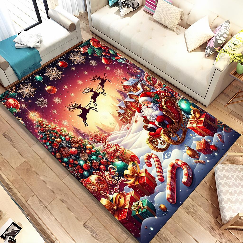 Cute Santa Claus Cartoon Merry Christmas Tree Festival Gift Carpet Rug for Living Room Bedroom Home Sofa Decoration,Non-slip