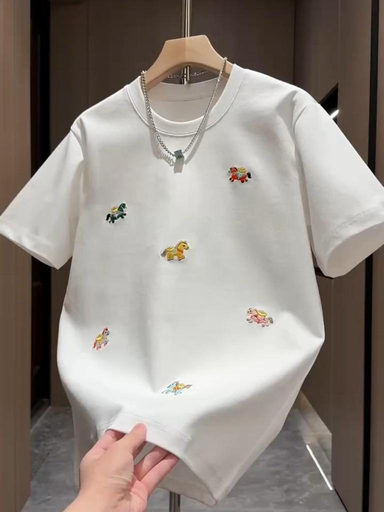 Plus Size Cartoon Embroidered Cool Cotton Summer T-Shirt (21s, Age-Reducing, Versatile, Casual)