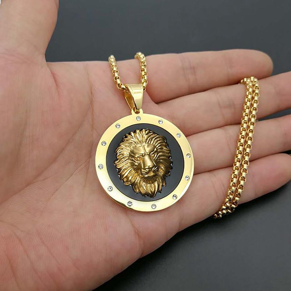 Punk Big Round Lion Head Pendant Male Gold Color Stainless Steel CZ Animal Necklaces For Men  Party Jewelry Gift 2025