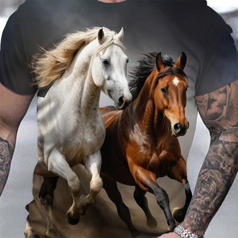 3D Majestic Horse Printing Round Neck Street Fashion T-Shirt Three-Dimensional Printing Horse Men's Creative Short-Sleeved Round