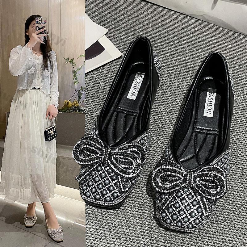 Damskie Buty 2026 Wiosna Nowa Moda Wygodne Miękka Podeszwa Węzeł Kwadratowy Nosek Baleriny Lekkie Cykiny Damskie Codzienne Mokasyny