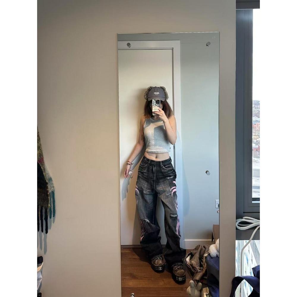 Brand de Modă Transfrontalier Jaded London Blugi Spălați cu Imprimeu Model Retro American Pantaloni cu Picior Larg pentru Fete Sexy