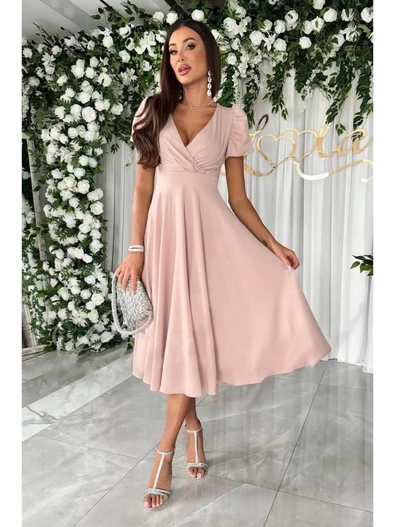 2024 Summer V-Neck Ruched Waist Puff Sleeve Swing Dress for Women