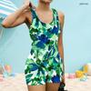 Women Plus Size Square Neck Wide Straps Sleeveless One Piece Green Blue Printed Boyshort Swimsuit