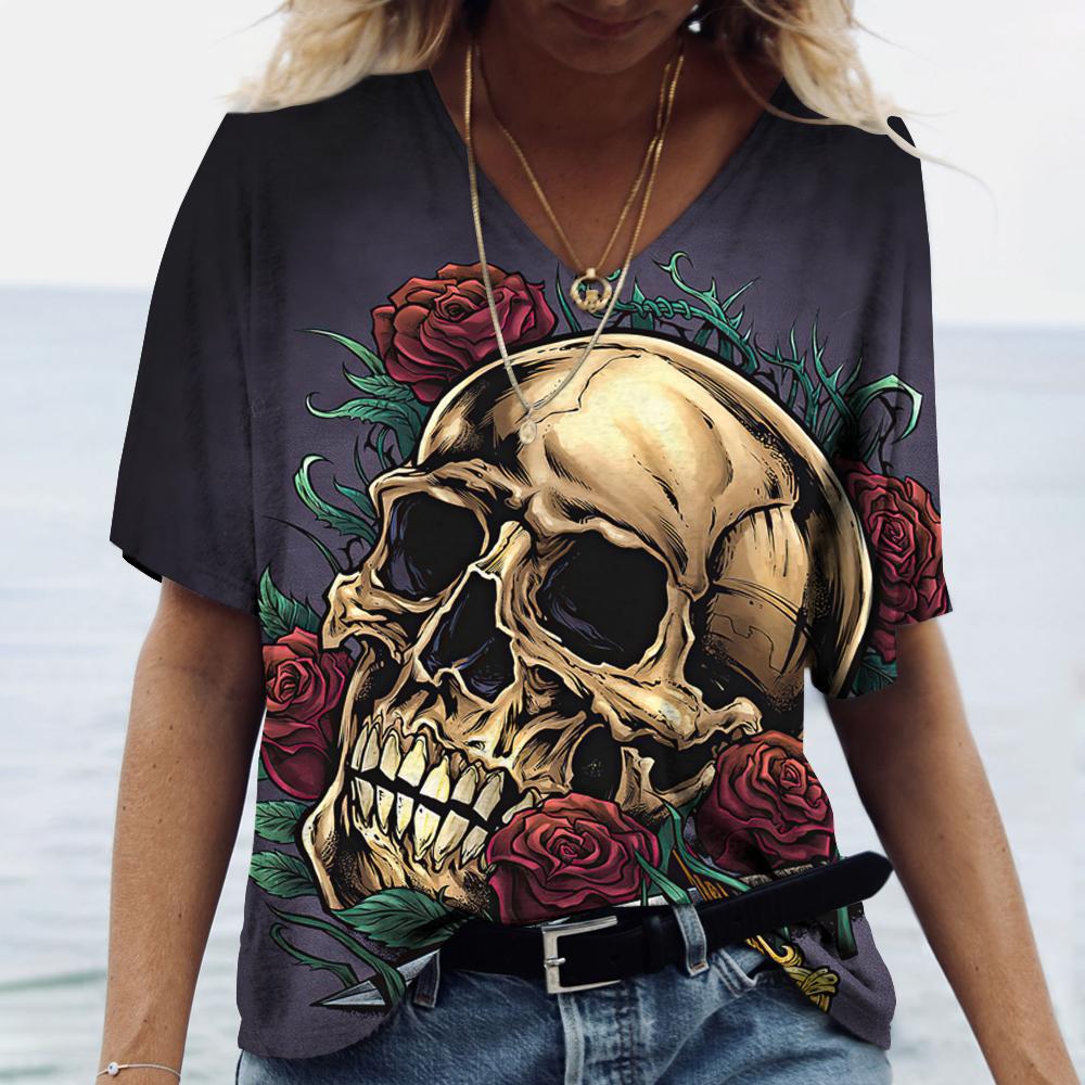 Summer V-neck 3D Skull Rose Print Top Fashionable Casual Short Sleeved Women's T-shirts