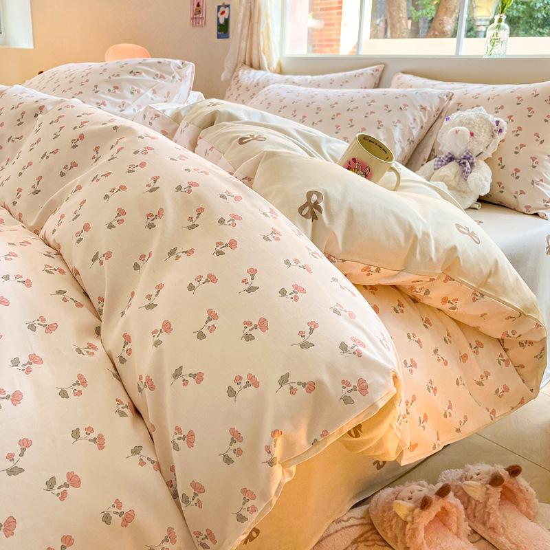 Set din patru piese prințesă drăguț din bumbac, husă de pilota din bumbac pur, husă de pilota de lenjerie de pat, set din trei piese pentru dormitor