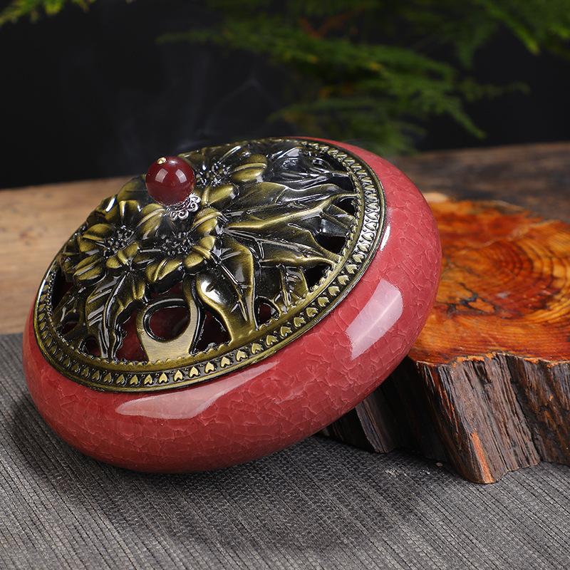 12 Hours Large Mosquito Coil Incense Burner Ceramics Cone Holder with Metal Lid Household with Fireproof Cotton Censer