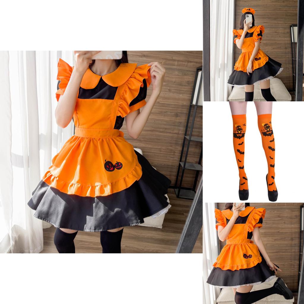 Cute Lolita Pumpkin Maid Halloween Party Costume Dress With Headdress