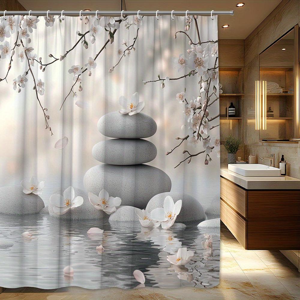 

1Pc Serene White Cherry Blossom And Stone Meditation Shower Curtain, Polyester Fabric, Machine Washable, Suitable For Bathroom W60H190(CM)-1 Pcs