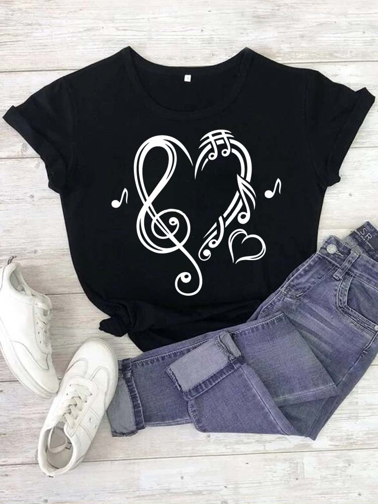 Fashion Women T Shirt Musical Note Printed T Shirt Casual Black Tops 90s Ladies Girls Tee Shirt Female Harajuku Graphic T-shirt