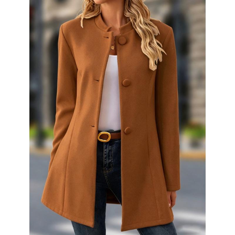 Women S Casual Stand Collar Mid Length Woolen Coat For Daily Wear