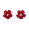 2024 autumn and winter, Ankara red handmade beaded imitation pearl flower stud earrings simple and versatile daily women's models